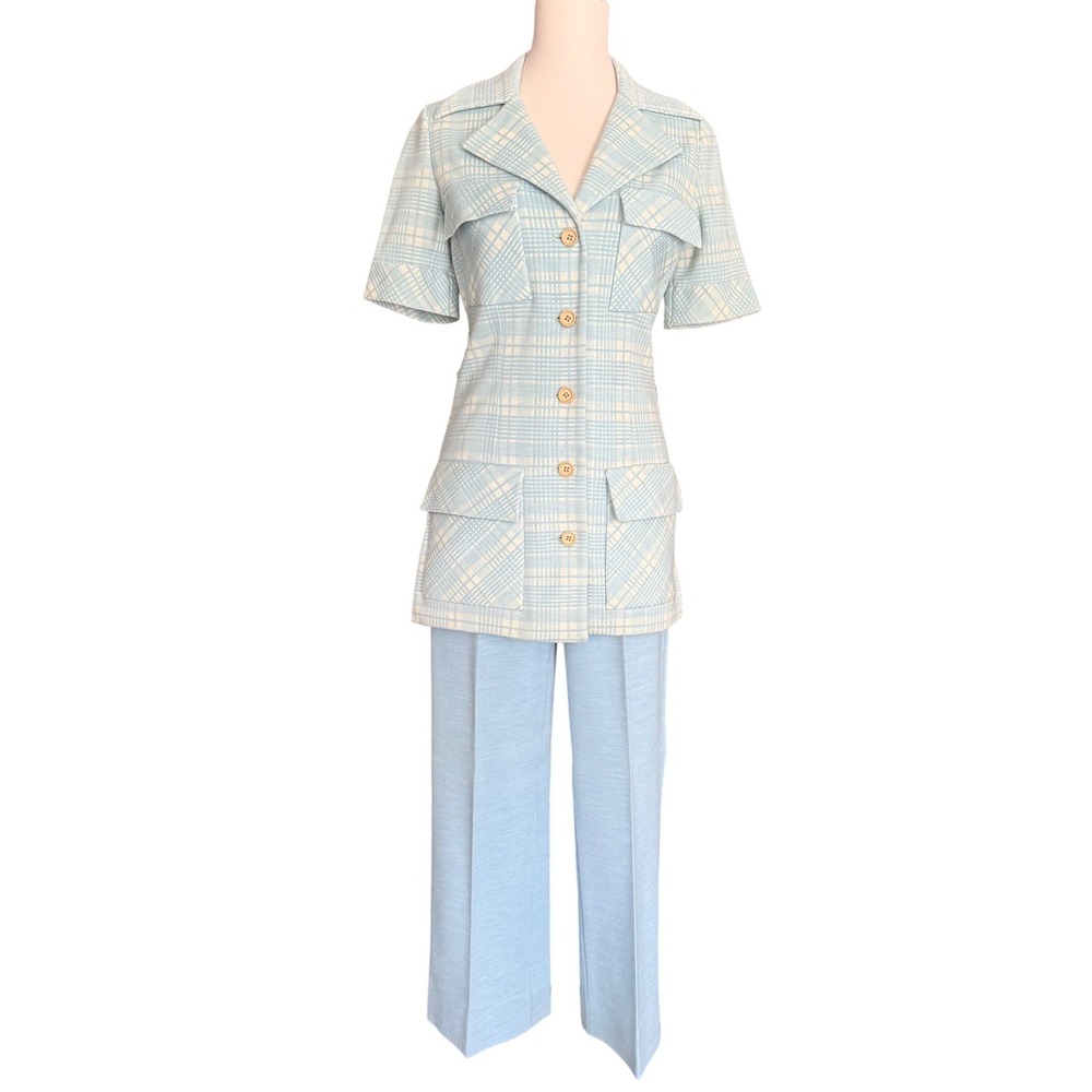 Vintage 70s Light Blue Plaid Safari Tunic Jacket  Pants Set Womens Suit Act iii